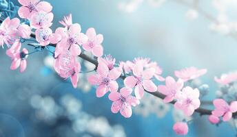 Spring abstract background with cherry blossoms on a pink-blue background. Selective focus. photo