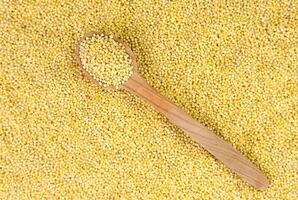 Raw millet groats in a wooden spoon on a background of millet. Banner. Top view. Close-up. Selective focus. photo