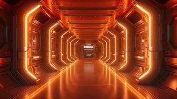 ai généré futuriste scifi tunnel couloir avec embrasé lumières 3d le rendu, 3d rendu illustration de vide illuminé vaisseau spatial couloir, ai généré video