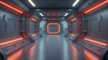 AI generated Futuristic spaceship interior with glowing lights. 3D Rendering, 3D rendered illustration of empty illuminated spaceship corridor, AI Generated video