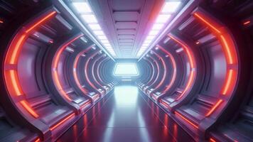 ai genererad trogen scifi tunnel korridor med lysande lampor 3d tolkning, 3d återges illustration av tömma upplyst rymdskepp korridor, ai genererad video