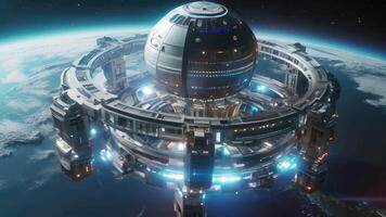 AI generated Futuristic space city. 3D rendering elements of this image furnished by NASA, A space station orbiting a planet with a digital wave, advanced technology and holographic displays video