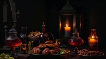 ai genererad fortfarande liv med datum, vin, valnötter och ljusstakar, utsökt ramadan iftar och suhoor traditionell måltid, ai genererad video