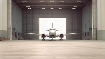 AI generated 3d rendering of an airplane in an empty hangar with a door open, 3d rendering of large hangar building and concrete floor and open shutter door in perspective view for background video