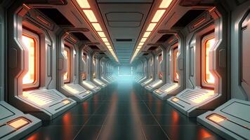 AI generated Spaceship corridor with lights and reflections, 3d render. 3D rendered illustration of an empty illuminated spaceship corridor, AI Generated video