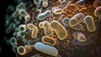 ai gegenereerd 3d illustratie van gram-negatief staafvormig bacteriën. gram-negatief staafvormig bacterie met een single polair flagellum. microorganisme cellen dichtbij omhoog visie Aan een donker achtergrond, ai gegenereerd video