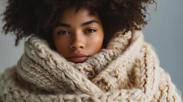AI generated Portrait of a young girl wrapped in a warm scarf photo