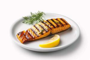 AI generated Grilled salmon steak with lemon and dill on a white plate photo