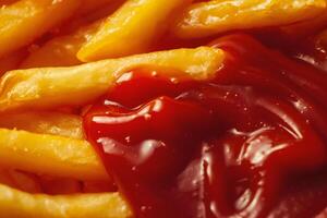 AI generated French fries with ketchup, close up. Selective focus. photo