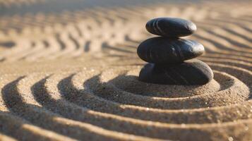 ai generado zen piedras en el arena, zen concepto, armonía y equilibrar foto