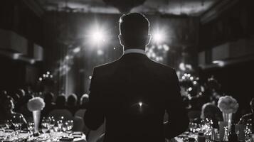 AI generated man standing at the table in a luxury restaurant. Black and white photo. photo