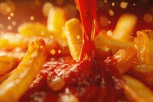 AI generated French fries with ketchup, close up. Selective focus. photo