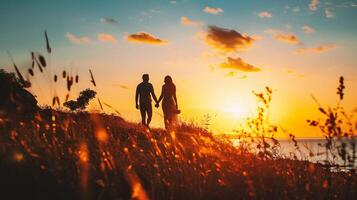 ai generado Pareja en amor participación manos y mirando a puesta de sol en el playa foto