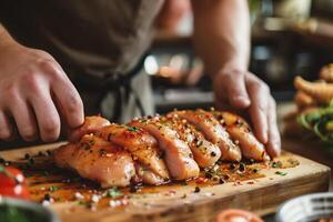 ai generado de cerca de cocinero manos Cocinando pollo filete en de madera tablero foto