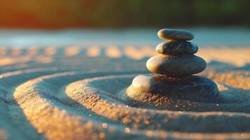 ai generado zen piedras en el arena, zen concepto, armonía y equilibrar foto