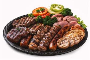 AI generated Grilled sausages with sauces on wooden table, closeup photo