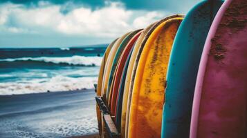 ai generado vistoso tablas de surf en el playa foto