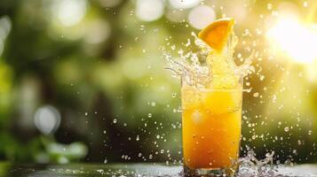 AI generated Fresh orange juice splashing out of a glass with splash on nature background photo