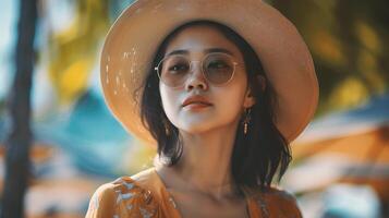 ai generado retrato de un hermosa joven niña en un Paja sombrero y Gafas de sol foto