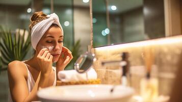 ai generado hermosa joven mujer aplicando cosmético crema en su cara en el baño foto