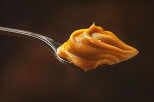 AI generated Creamy peanut butter on a spoon, close-up. photo