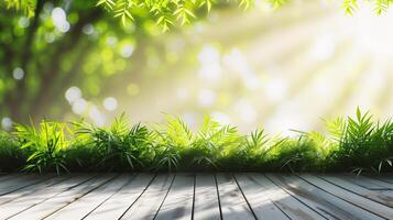 ai generado de madera piso en el jardín con verde césped y luz de sol antecedentes. foto