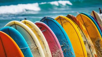 ai generado vistoso tablas de surf en el playa foto