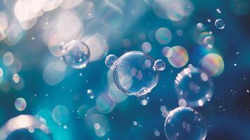 AI generated Bubbles on a blue background with bokeh effect. photo