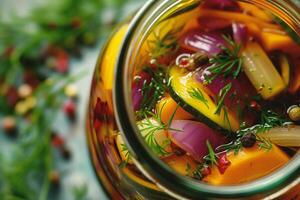 ai generado en escabeche vegetales en un vaso tarro en el mesa en el cocina foto