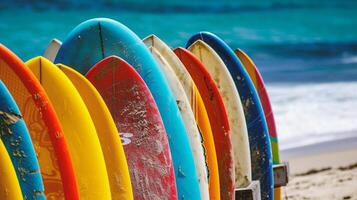 ai generado vistoso tablas de surf en el playa foto