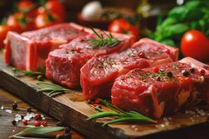 AI generated Raw beef steaks with herbs and spices on rustic wooden background photo