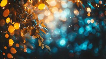 AI generated Abstract blurred background with bokeh defocused lights and tree branches photo