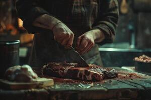 ai generado Carnicero corte carne en un el cortar tablero con un cuchillo en su manos foto