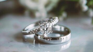 AI generated wedding rings with diamonds on a light background. close-up photo
