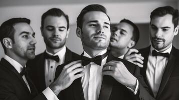 AI generated Group of elegant men in suits and bow ties. Men's beauty, fashion. photo