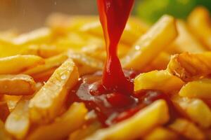 AI generated French fries with ketchup, close up. Selective focus. photo