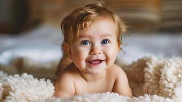 ai generado retrato de un linda sonriente bebé niña acostado en el cama a hogar foto