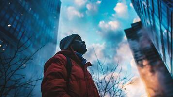 AI generated Man in a red jacket on a background of skyscrapers. photo