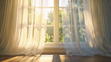 ai generado blanco cortinas en el antepecho en el Mañana. luz de sol mediante el ventana. foto