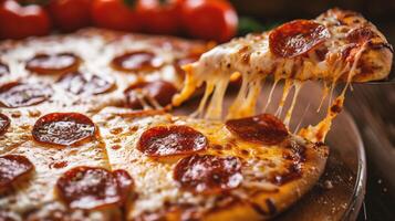 ai generado Pizza con salami y queso Mozzarella queso en de madera antecedentes foto