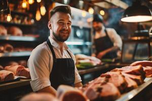 AI generated Portrait of a smiling male butcher in apron standing at counter in meat shop. photo