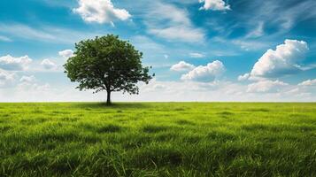 ai generado solitario árbol en un verde prado debajo azul cielo con nubes foto