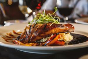 AI generated Grilled duck breast with mashed potato and vegetables on a white plate photo