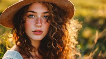 AI generated Portrait of a beautiful young woman with curly hair in a straw hat. photo