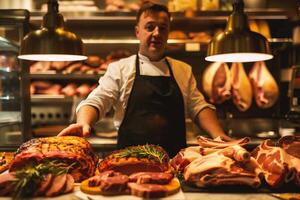 AI generated Portrait of a smiling male butcher in apron standing at counter in meat shop. photo