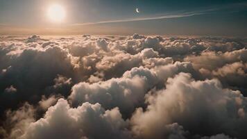 ai gegenereerd de zon schijnt helder bovenstaand de wolken in de lucht, vliegend over- de eindeloos wolken met de nacht maan schijnt, ai gegenereerd video