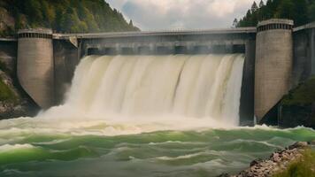 ai gegenereerd een krachtig waterval met overvloedig water haasten naar beneden van een hoogte, waterkracht dam vrijlating Aan rivier, ai gegenereerd video