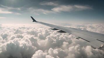 ai generado ver desde avión ventana muestra ala altísimo encima denso nubes con suelo débilmente visible en el distancia, volador mediante blanco nubes hacia suelo visible desde distancia, ai generado video