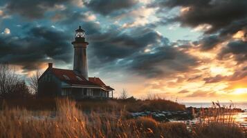 AI generated Lighthouse at the entrance to the harbor photo