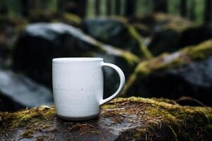 AI generated Ceramic white mug with spot for branding standing on stones in the forest. Cup mockup in nature photo
